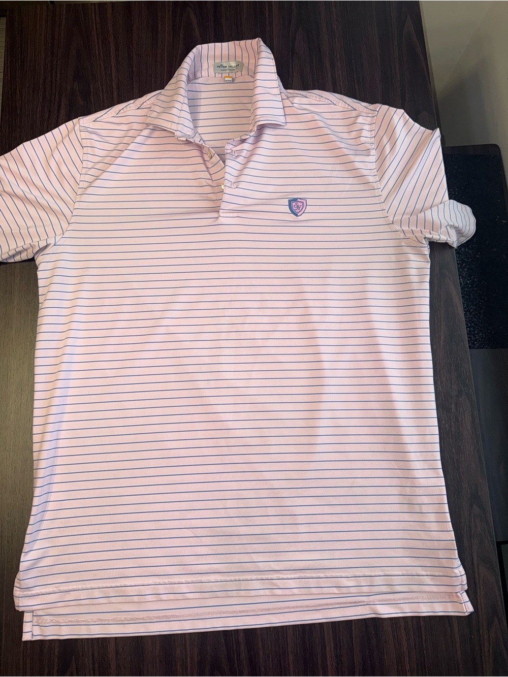 Peter Millar Summer Comfort Polo Shirt Striped Pink Blue Short Sleeve Logo SZ L